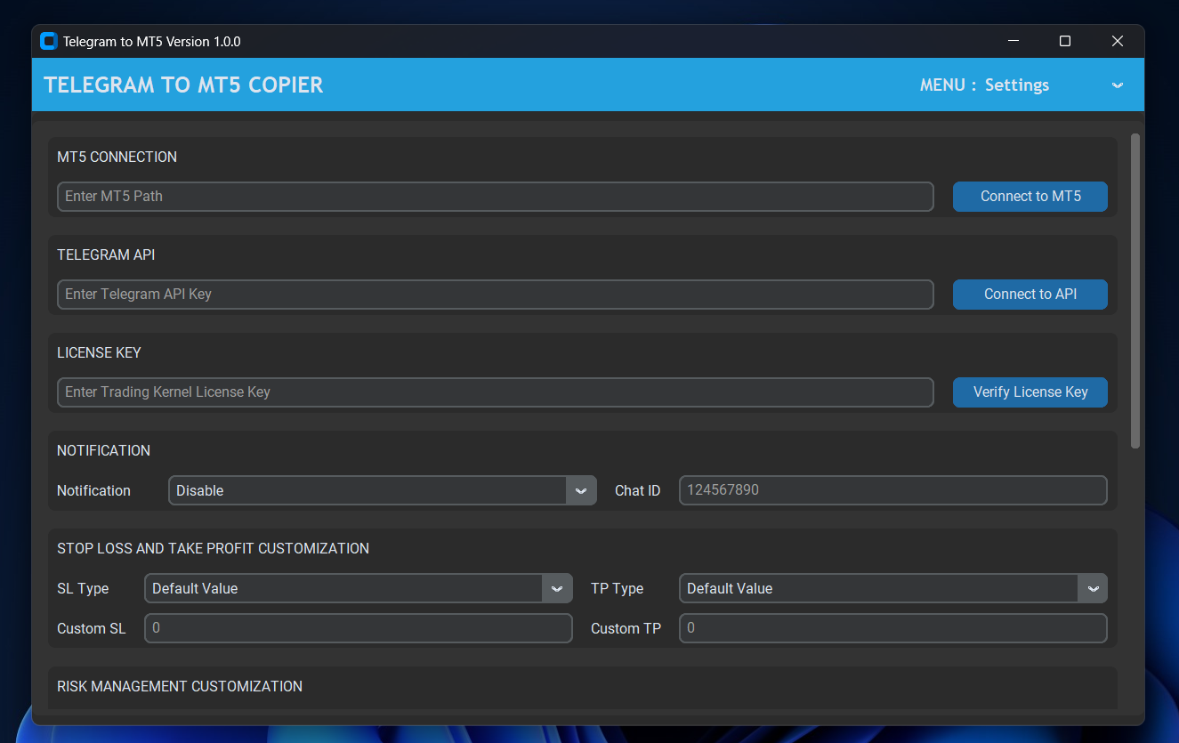 Telegram to MT5 Signal Copier -Settings